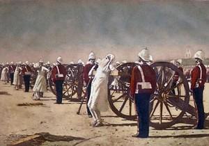 Maulvi Baqir was publicly executed on 16 September 1957. He and other Islamic scholars were tied to the mouth of the canons and blown up. The above painting by Russian artist Vasily Vereshchagin portrays the execution.
